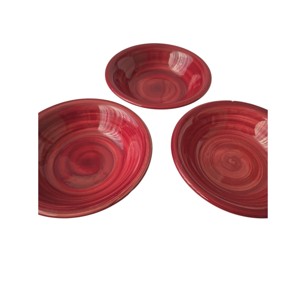 Furio Set of 3 Red‎ Cranberry Swirl Ceramic Soup Pasta Bowls Made in Italy